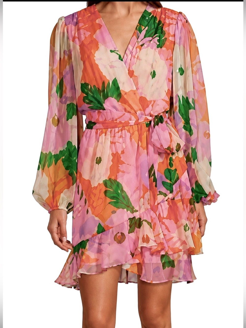 Alex Marie l Floral Pink, Orange, and Green Chiffon Tiered Mini Dress  Size 4/6